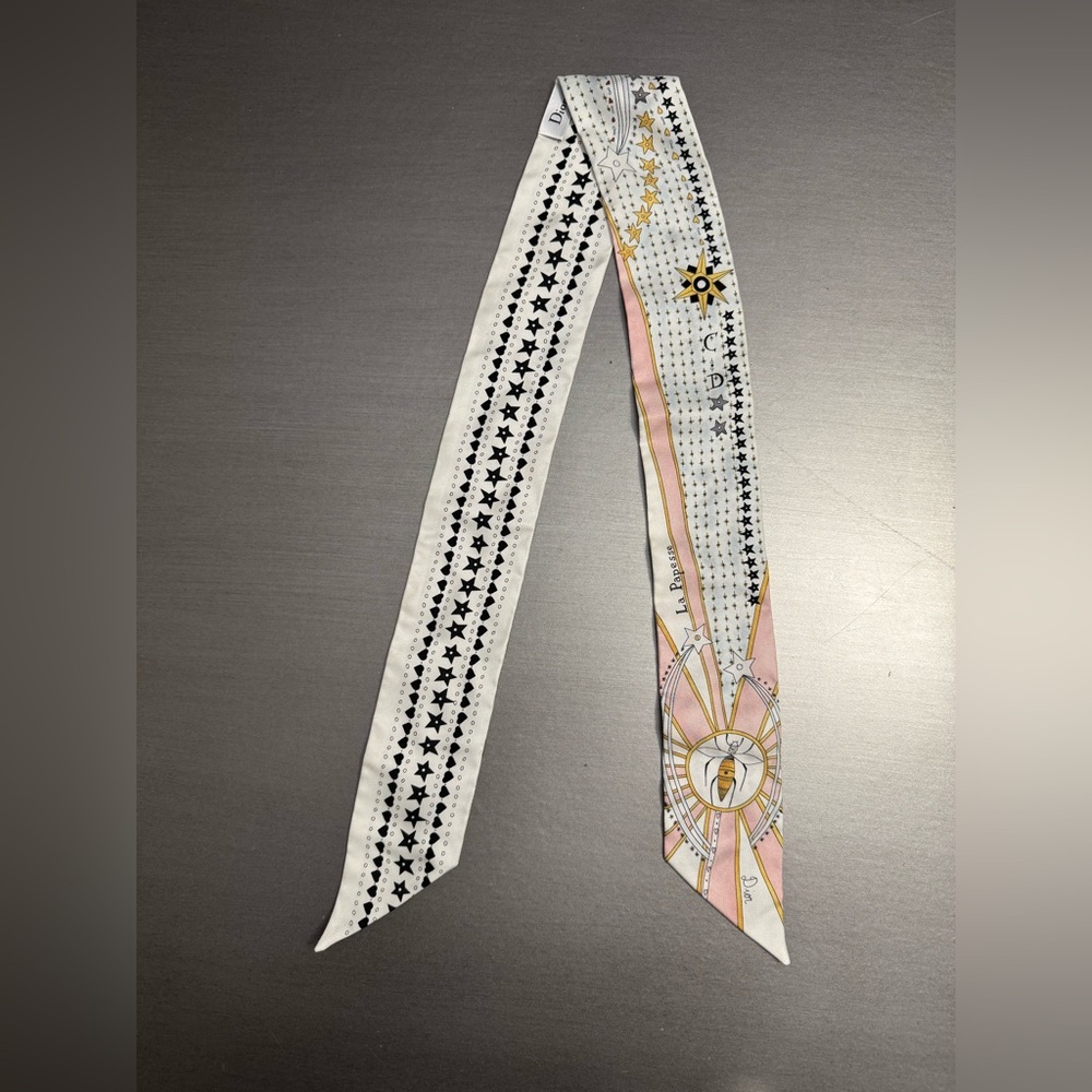 Dior Pink and White Silk Twilly Scarf